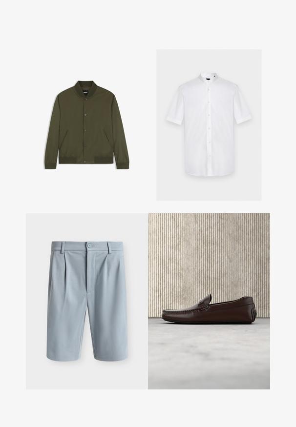 Blouson bomber homme vert olive avec col, poignets et bas côtelés, boutons-pression devant et deux poches latérales.; Chemise blanche à manches courtes avec col mandarin, boutons sur le devant et logo discret sur la poitrine gauche.; Shorts bleu clair longueur genou avec plis devant, passants de ceinture, fermeture par bouton et finition de tissu propre et lisse.; Mocassins en cuir marron avec une finition lisse, des coutures de style mocassin, un bout rehaussé et une semelle en caoutchouc basse et flexible.