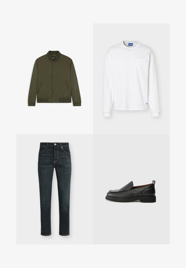 Blouson bomber homme vert olive avec col, poignets et bas côtelés, boutons-pression devant et deux poches latérales.; Chemise blanche à manches longues avec col rond, poche poitrine et étiquette de marque bleue au col et à l'ourlet inférieur.; Jean slim bleu foncé avec poches avant et arrière, passants pour ceinture et fermeture par bouton et fermeture éclair.; Chaussure slip-on en cuir noire avec un bout rond, un dessus texturé, des coutures rouges contrastantes et un petit talon. Présente une languette en boucle.