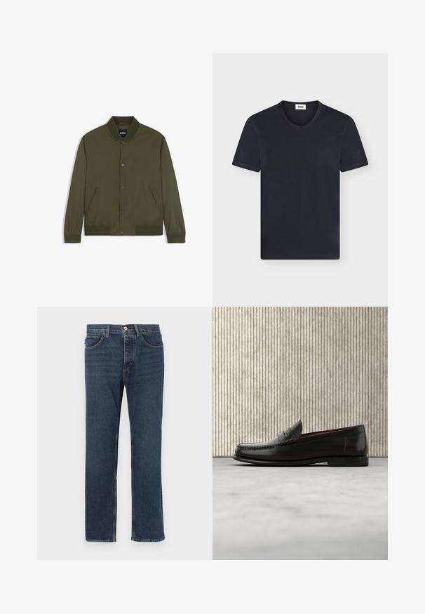 Blouson bomber homme vert olive avec col, poignets et bas côtelés, boutons-pression devant et deux poches latérales.; T-shirt noir à manches courtes en col V avec une étiquette blanche à l'intérieur du col sur un fond clair.; Jean en denim bleu foncé avec une coupe droite, cinq poches, une fermeture à bouton et des coutures apparentes. Le matériau est texturé avec un design classique.; Mocassin penny en cuir noir avec talon bas, bout arrondi et détails cousus à l'avant et sur les côtés, présenté sur un fond neutre.