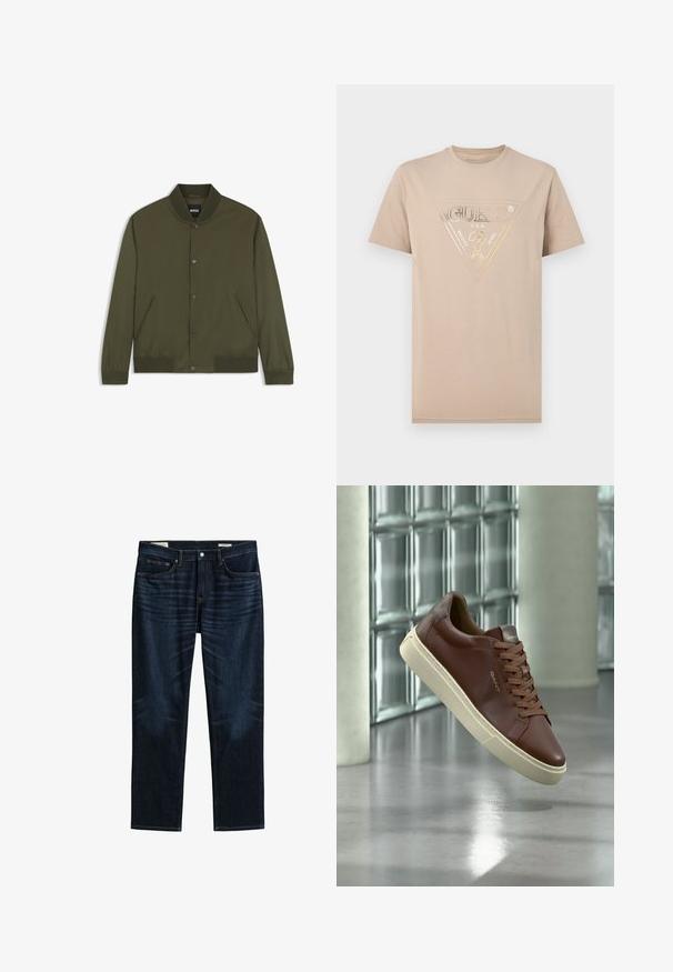 Blouson bomber homme vert olive avec col, poignets et bas côtelés, boutons-pression devant et deux poches latérales.; T-shirt beige à manches courtes avec un logo GUESS U.S.A. métallisé doré à l'intérieur d'un triangle sur la poitrine.; Jean bleu foncé à jambes droites avec poches avant et arrière, fermeture par boutons et détails de whiskering subtils sur les cuisses.; Baskets en cuir marron avec semelle et lacets beige, affichant le logo "GANT", positionnées au-dessus d'un sol gris réfléchissant avec un mur en blocs de verre en arrière-plan.