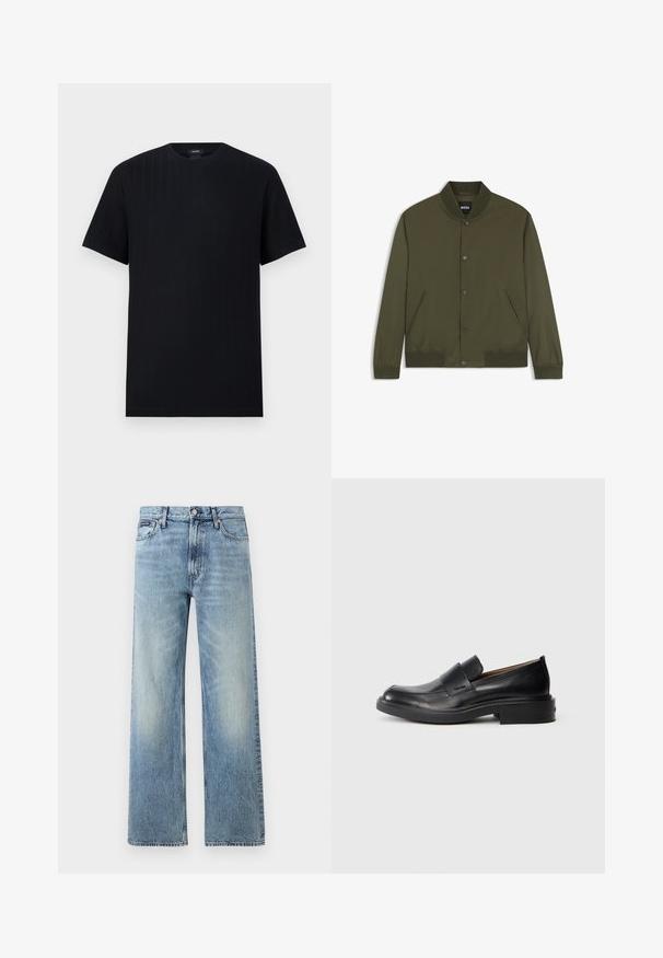Blouson bomber homme vert olive avec col, poignets et bas côtelés, boutons-pression devant et deux poches latérales.; T-shirt noir à manches courtes avec encolure ronde, présentant une texture subtile à côtes verticales, posé à plat sur un fond gris clair.; Jean droit en denim bleu clair avec taille haute, cinq poches, fermeture à boutons et léger délavage sur les cuisses et les genoux.; Chaussure habillée noire en cuir, à enfiler, avec un petit talon et un logo Calvin Klein discret sur le côté, présentée de profil sur un fond blanc.
