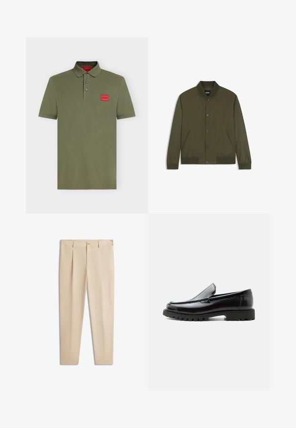 Blouson bomber homme vert olive avec col, poignets et bas côtelés, boutons-pression devant et deux poches latérales.; Polo vert olive à manches courtes avec trois boutons et un patch rectangulaire rouge portant la mention "HUGO" sur la poitrine gauche.; Pantalon habillé plissé pour homme en beige avec fermeture à boutons, passants pour ceinture et coupe ajustée.; Mocassin en cuir noir avec semelle en caoutchouc épaisse, dessus cousu et nom de marque embossé sur le talon, présenté de profil sur fond blanc.