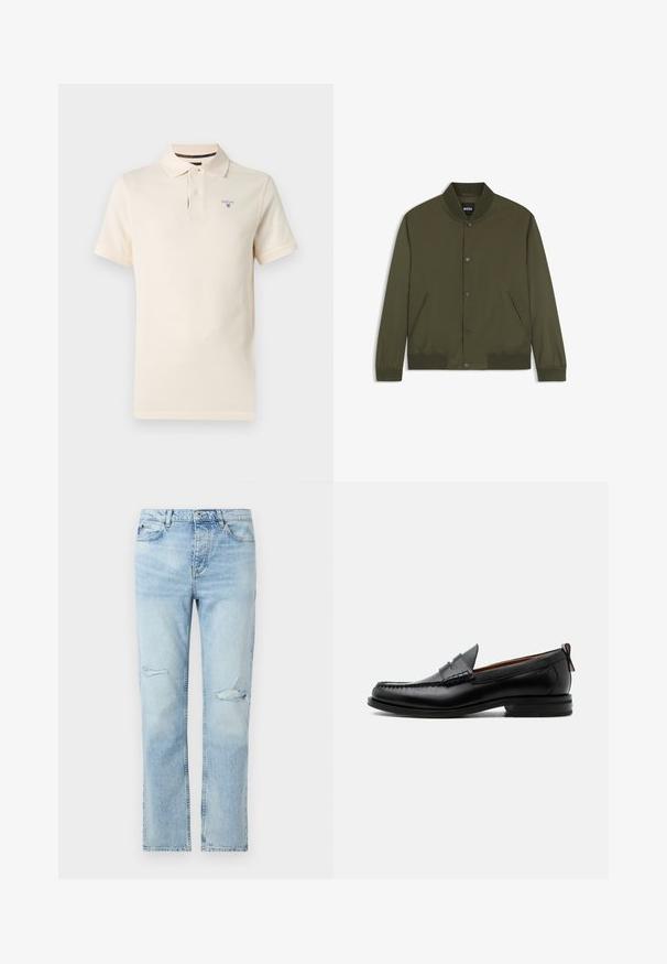 Blouson bomber homme vert olive avec col, poignets et bas côtelés, boutons-pression devant et deux poches latérales.; Polo crème à manches courtes avec deux boutons et logo Barbour brodé sur le côté gauche de la poitrine sur un fond uni.; Jean en denim bleu clair avec une coupe droite, fermeture par boutons, poches avant, et petites déchirures usées sur les deux cuisses.; Mocassin homme en cuir noir avec couture moc toe, bride penny, col texturé et petit talon empilé sur fond blanc.