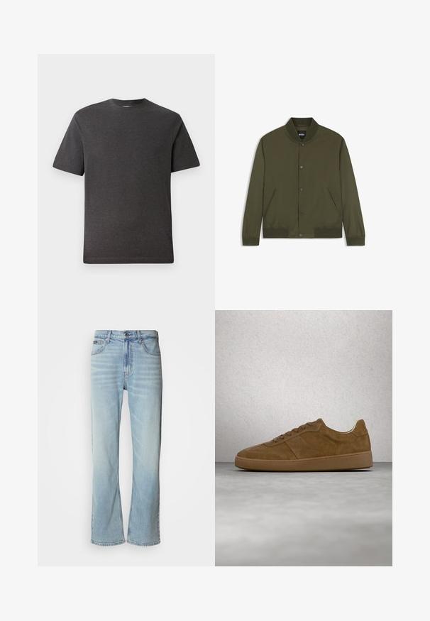 Blouson bomber homme vert olive avec col, poignets et bas côtelés, boutons-pression devant et deux poches latérales.; T-shirt gris à manches courtes en tissu doux et léger, avec un col rond et des coutures minimales. Convient pour une tenue décontractée.; Jeans en denim bleu clair avec une coupe droite, dotés de cinq poches, d'une fermeture à bouton et d'une légère décoloration sur le tissu.; Baskets en daim marron avec des lacets couleur fauve et une semelle en caoutchouc. Présente un bout arrondi et des détails cousus sur la tige. Design léger.