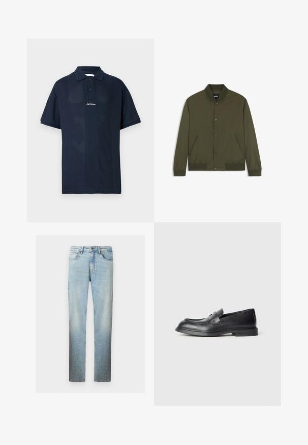 Blouson bomber homme vert olive avec col, poignets et bas côtelés, boutons-pression devant et deux poches latérales.; Polo bleu marine en tissu texturé. Comprend des manches courtes, un col classique et une patte de devant avec deux boutons. Logo "Samsøe" affiché.; Jean en denim bleu clair à jambes droites avec un design classique à cinq poches et une fermeture à bouton sur le devant.; Mocassins en cuir noir avec une finition texturée, dotés d'une bride décorative à l'avant et d'un bout arrondi. Semelle en caoutchouc pour plus de durabilité.