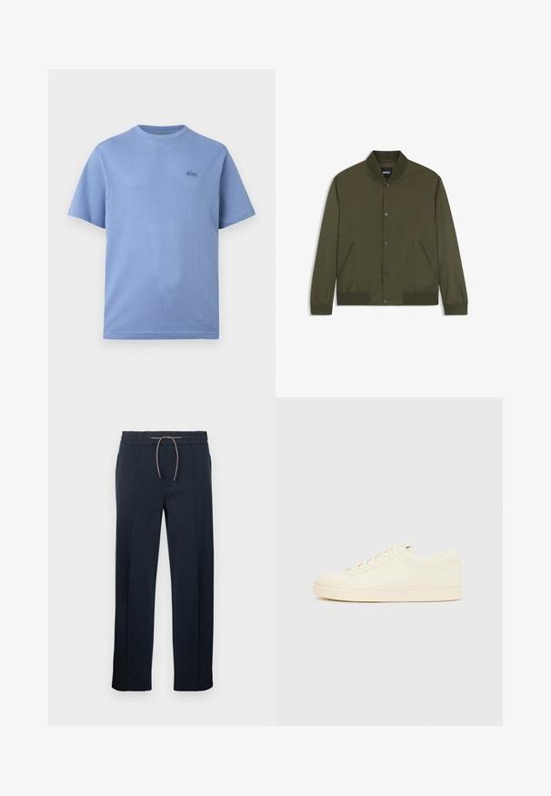 Blouson bomber homme vert olive avec col, poignets et bas côtelés, boutons-pression devant et deux poches latérales.; T-shirt bleu clair à manches courtes avec un tissu subtilement texturé et un petit logo "BOSS" brodé sur la poitrine gauche.; Pantalon bleu marine à coupe décontractée, taille élastique et cordon de serrage. Fabriqué en tissu doux, avec deux poches latérales et des jambes droites.; Baskets couleur crème avec une tige en cuir lisse, bout arrondi, laçage à l'avant et semelle en caoutchouc texturée. Design minimaliste, sans logo.