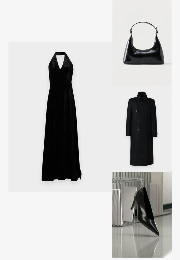 Schwarzer, wollener, doppelt geknöpfter Mantel mit hohem Kragen, zwei seitlichen Taschen und knöpfbaren Manschetten, mit taillierter Passform und gerader Silhouette.; Schwarzes Samt-Halterkleid mit tiefem V-Ausschnitt und bodenlanger Rock auf weißem Hintergrund.; Schwarzer High-Heel-Schuh mit spitzer Zehe und goldem Logo, auf einer reflektierenden Oberfläche nahe einem verchromten Draht-Organizer mit Dokumenten positioniert.; Schwarze, glänzende Calvin Klein Handtasche mit goldfarbenem Reißverschluss und kurzem Trageriemen vor schlichtem weißem Hintergrund.