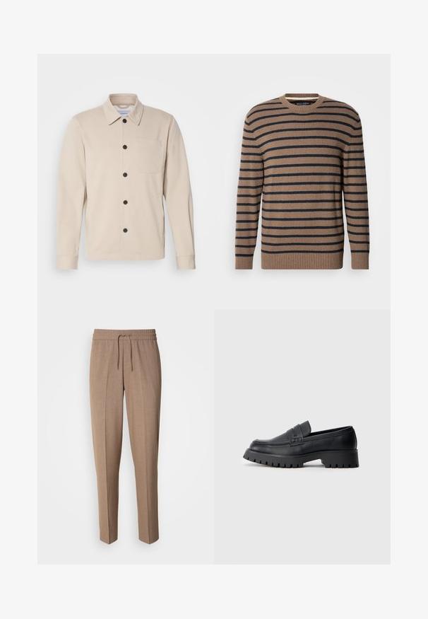 Beige Knopfjacke aus weichem Stoff mit Kragen, Fronttasche und schwarzen Knöpfen. Lange Ärmel mit genähten Manschetten.; Braun-navy gestreifter Pullover mit Rundhalsausschnitt, langen Ärmel und gerippten Bündchen, aus weichem Strickmaterial gefertigt.; Braune, gewebte Stoffhose mit lockerer Passform, Kordelzugbund und vorderen Falten. Gerade Beine und keine sichtbaren Taschen oder Befestigungen.; Schwarze Leder-Loafer mit abgerundeter Schuhspitze, ausgestattet mit einem dekorativen Riemen und einer robusten Gummisohle mit tiefem Profil für besseren Halt.