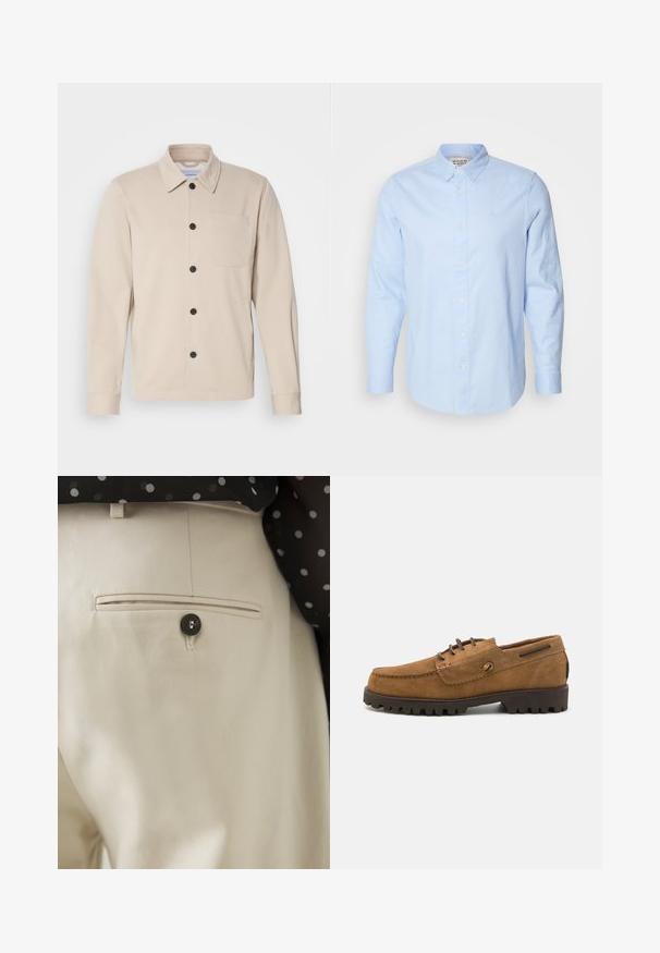 Veste beige à boutons fabriquée dans un tissu doux, avec un col, une poche avant et des boutons noirs. Manches longues avec des poignets cousus.; Chemise bleu clair à manches longues avec un col boutonné, boutons blancs et logo brodé discret sur la poitrine gauche.; Pantalon beige en tissu texturé avec une poche arrière fermée par un bouton noir. Finitions de couture discrètes le long de la poche.; Chaussures en daim marron avec un orteil arrondi, des accents en fil contrastés et une semelle en caoutchouc texturée dotée de rainures profondes pour une meilleure adhérence.