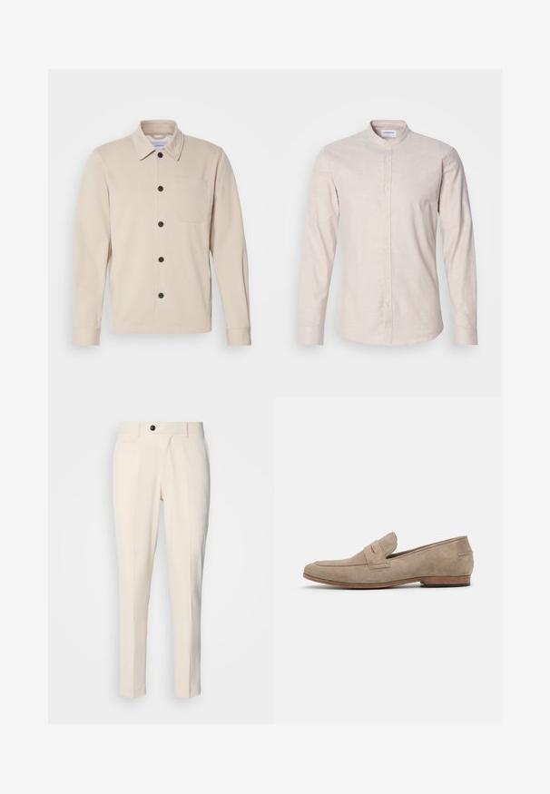 Beige Knopfjacke aus weichem Stoff mit Kragen, Fronttasche und schwarzen Knöpfen. Lange Ärmel mit genähten Manschetten.; Hellbeige Langarm-Hemd mit Knopfleiste und Mandarin-Kragen, frontal auf einem schlichten weißen Hintergrund präsentiert.; Beige maßgeschneiderte Hosen mit flacher Vorderseite, Ein-Knopf-Verschluss und zwei schrägen Seitentaschen. Glattes Material mit schmaler Passform und spitz zulaufendem Bein.; Beiger Wildlederloafer mit minimaler Naht, flachem Absatz und Ledersohle. Verfügt über einen einzelnen Riemenakzent nahe dem Blatt. Flaches Silhouette.