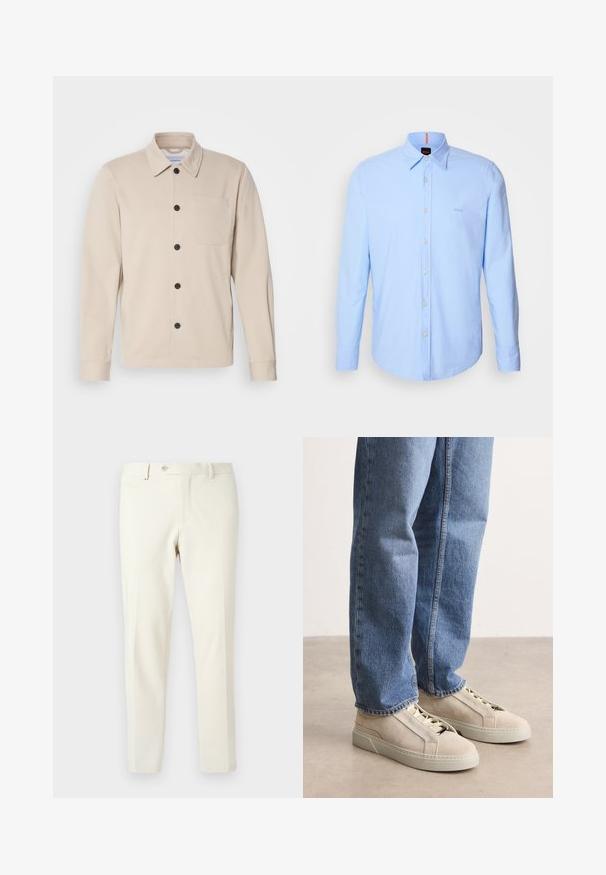 Beige button-up jas van zacht materiaal, met een kraag, voorste zak en zwarte knopen. Lange mouwen met gestikte manchetten.; Lichtblauw langmouw shirt van katoen, met een button-down kraag, knoopsluiting aan de voorkant en subtiele logo borduursel op de borst.; Lichtbeige broek gemaakt van gladde stof. Heeft een ritssluiting aan de voorkant, knoopsluiting en schuine zijzakken met een slim fit ontwerp.; BOSS GARYTENN_SDHDEL - Sneakers laag - natural ten