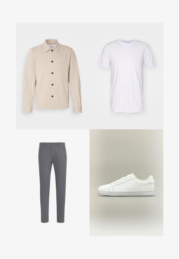 Beige knapjakke i blød stof, med krave, forlommer og sorte knapper. Lange ærmer med syede manchetter.; Selected SLHASPEN SLUB TEE - T-shirts basic - bright white; Grå bomuldsbukser med et tætsiddende design, der har en knaplukning, standardlommer og en glat tekstur.; Lavtop hvid sneaker med snørelukning foran og tekstureret gummisål mod en ensartet neutral baggrund.