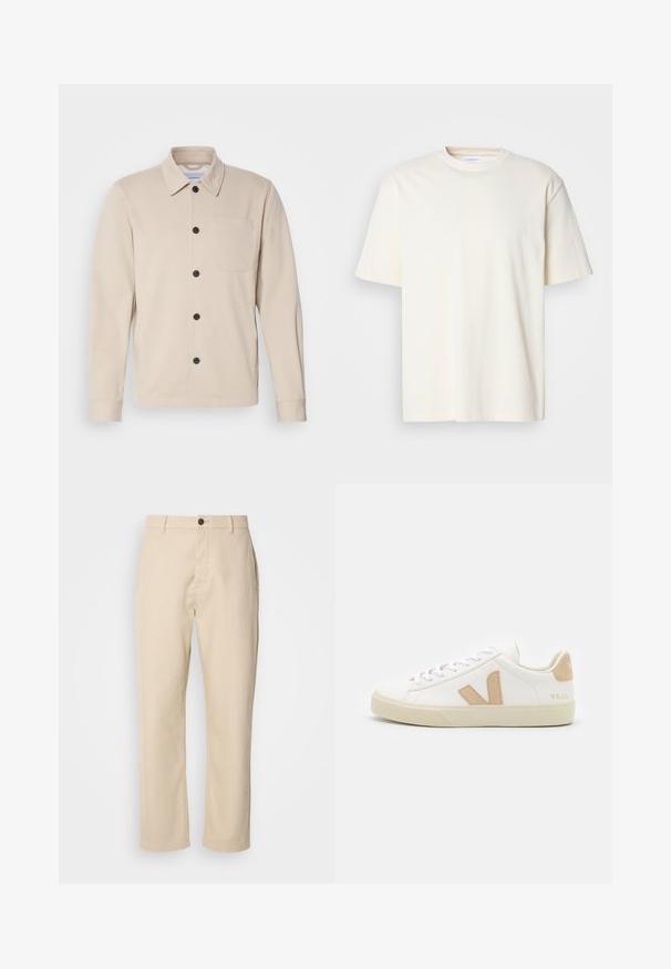 Beige button-up jas van zacht materiaal, met een kraag, voorste zak en zwarte knopen. Lange mouwen met gestikte manchetten.; Effen off-white T-shirt met korte mouwen en ronde hals, unisex ontwerp, weergegeven op een neutrale grijze achtergrond.; Beige katoenen broek met rechte benen, een sluiting met een voorste knoop, zijzakken en een soepele textuur. Minimalistisch ontwerp, zonder zichtbare patronen.; Witte sneakers met beige accenten, gemaakt van glad leer, ronde neus, platte rubberen zool en vetersluiting met een logo op de hiel.