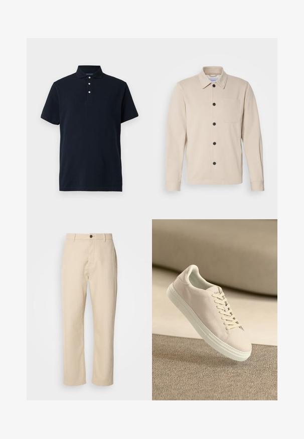 Beige knapjakke i blød stof, med krave, forlommer og sorte knapper. Lange ærmer med syede manchetter.; Marineblå kortærmet polo skjorte med krave og tre hvide knapper på stolpen, præsenteret mod en ensfarvet baggrund.; Beige bomuldsbukser med lige ben, en frontknaplukning, sidelommer og en glat tekstur. Minimalistisk design, ingen synlige mønstre.; Beige ruskinds sneakers med hvid sål og snørebånd, vist svævende over tekstureret beige tæppe mod en blød beige baggrund.