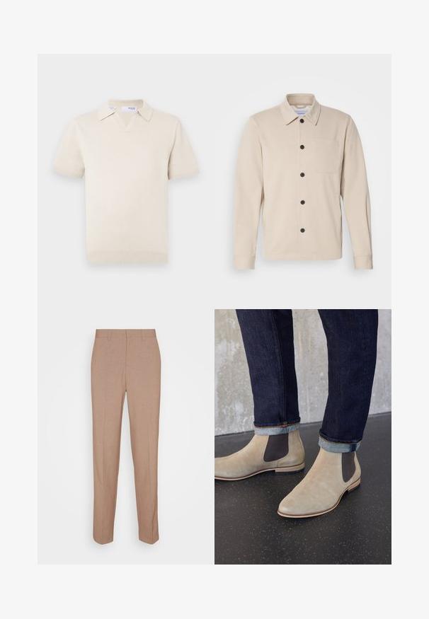 Beige button-up jas van zacht materiaal, met een kraag, voorste zak en zwarte knopen. Lange mouwen met gestikte manchetten.; Roomkleurige korte mouw gebreide polo met een V-hals en kraagontwerp. Heeft geribbelde boorden en zoom, gladde textuur.; Beige, op maat gemaakte broek van een gladde, gestructureerde stof. Rechte pasvorm met een tailleband en zonder zichtbare versieringen of zakken.; Lichtbeige suède Chelsea-laarzen met donkere elastische zijpanelen, gedragen met donker opgerolde spijkerbroeken op een zwarte gevlekte vloer.