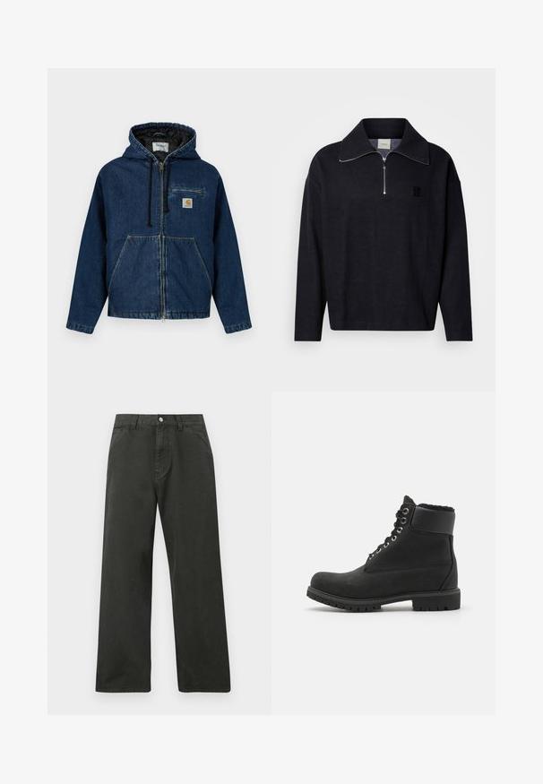 Denim hættetrøje i mørkeblå med lynlås, forlommer og en lille brystlomme. Har sort foer og justerbare snore.; Mørkeblå pullover med høj krave, halv lynlås foran og et firkantet logoemblem. Fremstillet af et blødt, tekstureret stof med lange ærmer.; Sorte bukser med lige ben, forlommer, bæltestropper og knaplukning i taljen.; Sort ankelstøvle lavet af suede med en gummisål, der har metaløjer, snørebånd og en blød faux fur-krave rundt om toppen.