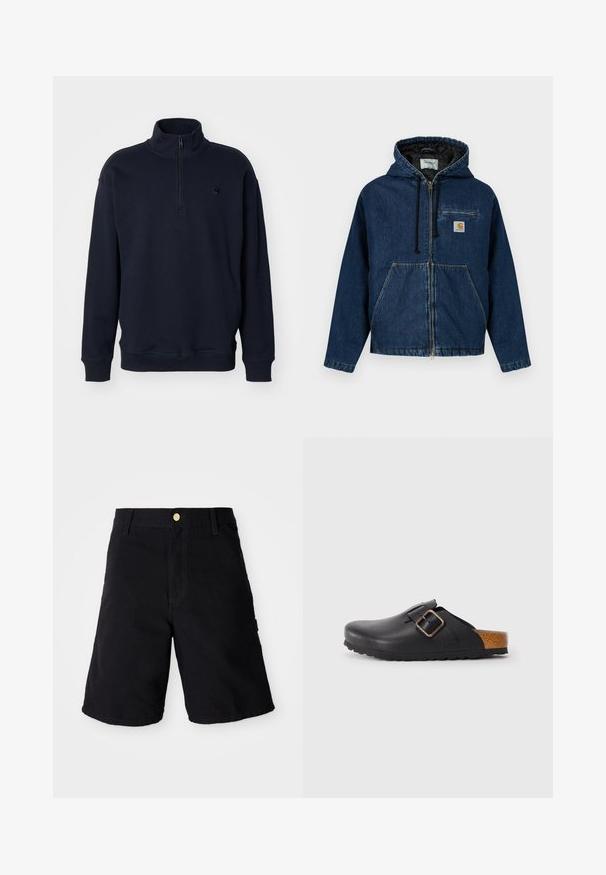 Denim hættetrøje i mørkeblå med lynlås, forlommer og en lille brystlomme. Har sort foer og justerbare snore.; Marineblå pullover sweatshirt med høj krave, lynlås ved halsen og en tætsiddende manchet design. Har et diskret logo på brystet.; Sorte denim shorts med knaplukning, med lige skæring, sidelommer og forstærket syning for holdbarhed.; Sorte lædertræsko med en tekstureret overflade, der har et enkelt justerbart rem med en guldspænde og en korkdetalje på hælen.