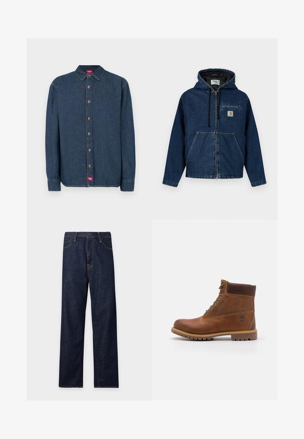 Veste à capuche en denim bleu foncé avec fermeture éclair, poches avant et petite poche poitrine. Comprend une doublure noire et des cordons ajustables.; Chemise en denim bleu foncé à boutons, avec col pointu, manches longues et boutons en cuivre. Présente une petite étiquette rouge sur le côté gauche.; Jean en denim bleu foncé à coupe droite avec cinq poches et surpiqûres jaunes visibles sur un fond blanc uni.; Botte de randonnée en cuir marron avec une finition lisse, cheville rembourrée, œillets en métal et semelle en caoutchouc dotée d'un motif de crampons robuste.