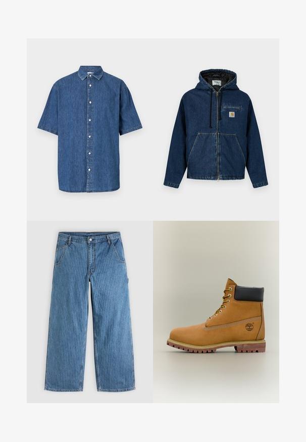 Jeanskapuzenjacke in Dunkelblau mit Reißverschluss, Fronttaschen und einer kleinen Brusttasche. Verfügt über ein schwarzes Futter und verstellbare Kordeln.; Kurzärmliges Denim-Shirt in Dunkelblau. Verfügt über eine durchgehende Knopfleiste, klassischen Kragen und gestichelte Details entlang der Kanten.; Blaue Jeans mit weitem Bein und dünnen weißen vertikalen Nadelstreifen, Vordertaschen, Gürtelschlaufen und einem Knopfverschluss in der Taille.; Brauner Leder-Stiefelette mit schwarzem Kragen, gelben Schnürsenkeln und hellbrauner Sohle. Verfügt über ein Logo und weiße Ziernähe. Robuste Profilsohle.