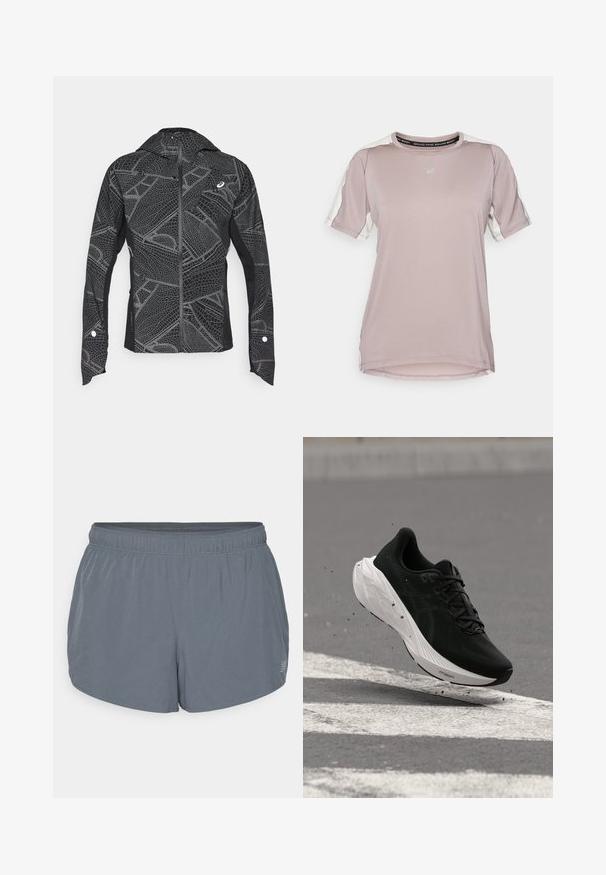 Sort atletisk jakke med reflekterende geometrisk mønster, slankt design, fuld lynlås foran og hætte. Har lommer og manchetter med accenter.; ASICS FUJITRAIL ELITE TOP - Sports T-shirts - rainstorm grey/cream; Grå athletic shorts med en blød tekstur, elastisk talje og en let buet kant. Har små perforeringer for åndbarhed.; Sort løbesko med hvid tyk sål, der svæver over asfalt med hvide vejmarkeringer og små affaldsstykker rundt om.