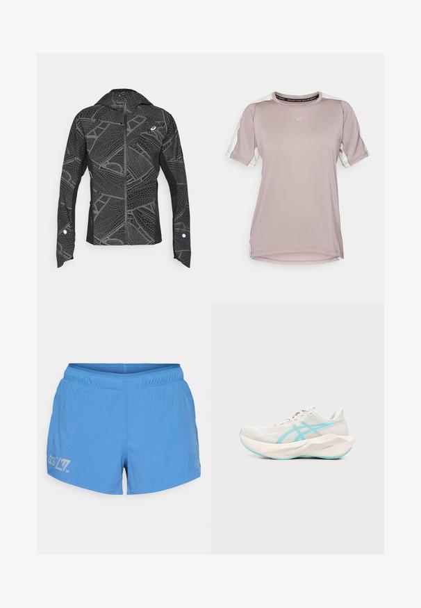 Čierna športová bunda s reflexným geometrickým vzorom, elegantný dizajn, úplný zips vpredu a kapucňa. Obsahuje vrecká a akcenty na manžetách.; ASICS FUJITRAIL ELITE TOP - Športové tričko - rainstorm grey/cream; Svetlo modré bežecké šortky s perforovanou textúrou, elastickým pásom a potlačeným logom a detailmi na ľavom stehne.; Svetlo béžová bežecká obuv s hrubou geometrickou podrážkou a svetlomodrými akcentovými líniami a podrážkou, zobrazená z bočného pohľadu na bielom pozadí.