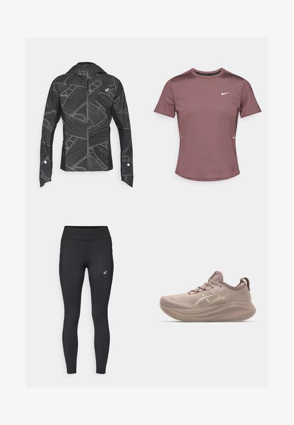 Sort atletisk jakke med reflekterende geometrisk mønster, slankt design, fuld lynlås foran og hætte. Har lommer og manchetter med accenter.; Kortærmet atletisk t-shirt i afdæmpet mauve stof med glat tekstur. Har en lille hvid Nike-logo på brystet og reflekterende detaljer på siderne.; ASICS CORE WINTER - Vinter-tights - performance black; Lyserød løbesko med et strømlinet design, tekstureret overdel og en puffet sål. Har et logo og et minimalistisk snøresystem.