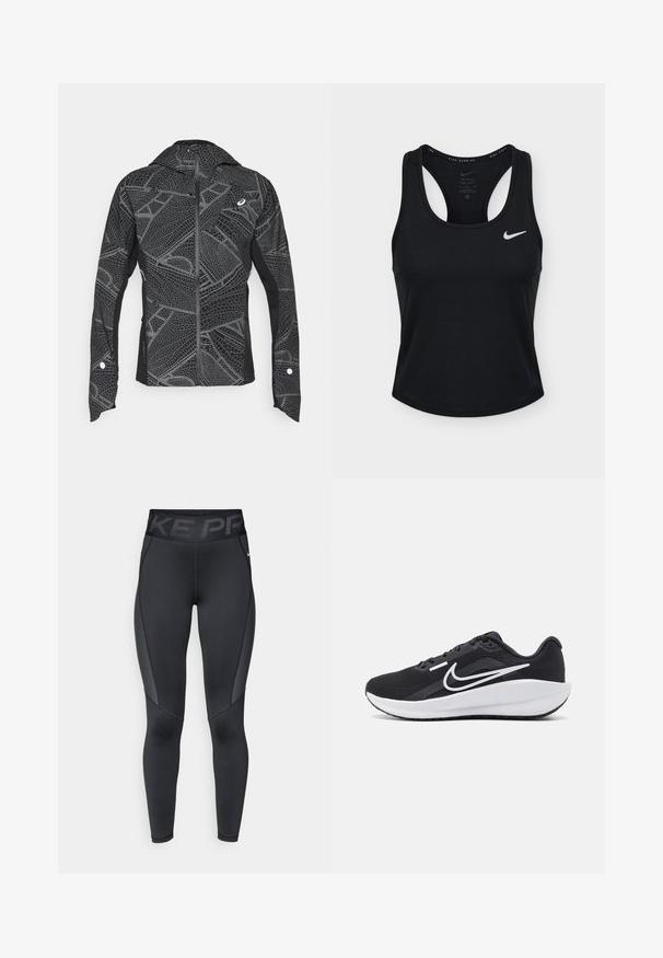 Melna sporta jaka ar atstarojošu ģeometrisku rakstu, elegantu dizainu, pilnu rāvējslēdzēju priekšā un kapuci. Iekļauj kabatas un aproču akcentus.; Melns Nike Dri-FIT bez piedurknēm skriešanas tops ar sacīkšu atpakaļu un baltu Nike logo kreisajā krūtīs.; Melnas sporta legingi ar struktūrētu sānu paneļu, augstu elastīgu jostu ar "NIKE PRO" zīmolu un pieguļošu dizainu.; Melns sporta apavi ar tīkla augšdaļu, baltiem akcentiem, mīkstu zoli un aerodinamisku dizainu. Iezīmējas ar noapaļotu purngalu un plakanu zoli.