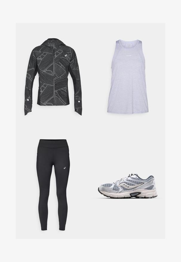 Sort atletisk jakke med reflekterende geometrisk mønster, slankt design, fuld lynlås foran og hætte. Har lommer og manchetter med accenter.; Lyslilla atletisk tanktop, lavet af åndbart stof, med rund halsudskæring, ærmeløst design og minimal logoaccent.; ASICS CORE WINTER - Vinter-tights - performance black; Sølv løbesko med mesh-overdel, polstret sål og grå accenter. Har en rund tå og snørebåndsdesign. Branded logo synlig.