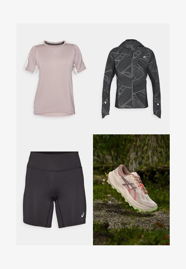 Sort atletisk jakke med reflekterende geometrisk mønster, slankt design, fuld lynlås foran og hætte. Har lommer og manchetter med accenter.; ASICS FUJITRAIL ELITE TOP - Sports T-shirts - rainstorm grey/cream; Sorte atletiske shorts med en glat tekstur, tætsiddende design og høj talje. Har kontrasterende syninger og et lille logo på underbenet.; Lyserød og beige trail-løbesko med grøn sål svæver over klippefyldt, mosdækket jord i en skov.