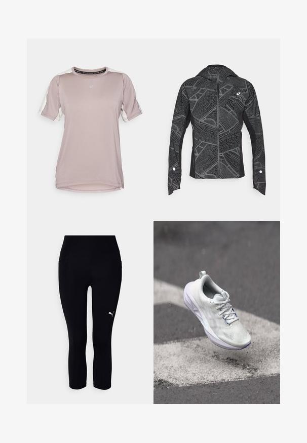 Mustat urheilutakit, joissa on heijastava geometrinen kuvio, tyylikäs muotoilu, täysi vetoketju edessä ja huppu. Sisältää taskut ja hihansuun yksityiskohdat.; ASICS FUJITRAIL ELITE TOP - Tekninen t-paita - rainstorm grey/cream; Mustan väriset capri-leggingit, jotka on valmistettu joustavasta kankaasta. Niissä on korkea vyötärö ja pieni valkoinen logo vasemmalla puolella. Sileä pinta.; Valkoinen urheilukenkä, jossa on teksturoitu päällinen, nauhakiristys ja pehmustettu pohja. Korostuksia ovat vaaleanlila pohja ja kantapäässä oleva vetotappi.