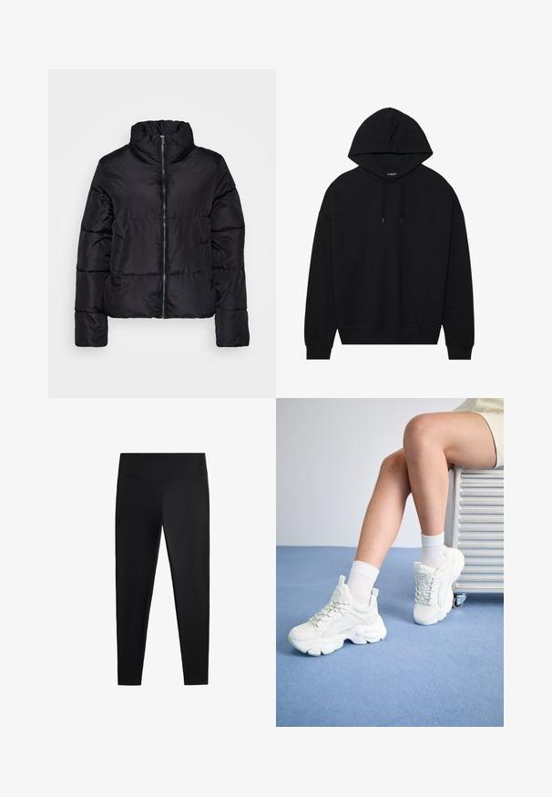 Doudoune noire avec un col haut, une fermeture éclair sur le devant et un design matelassé. Dispose de poignets élastiques et de poches latérales. Matériau synthétique lisse.; Sweat à capuche noir en coton, doté d'une fermeture à cordon, de manches longues et de poignets et ourlet côtelés. Fini lisse de couleur unie.; Leggings noirs en tissu lisse et extensible. Dotés d'une taille large et d'un design de jambe fuselée, adaptés pour une utilisation active ou décontractée.; Baskets blanches à lacets avec une semelle épaisse, en matériau synthétique lisse, accents texturés et une languette au niveau du talon.