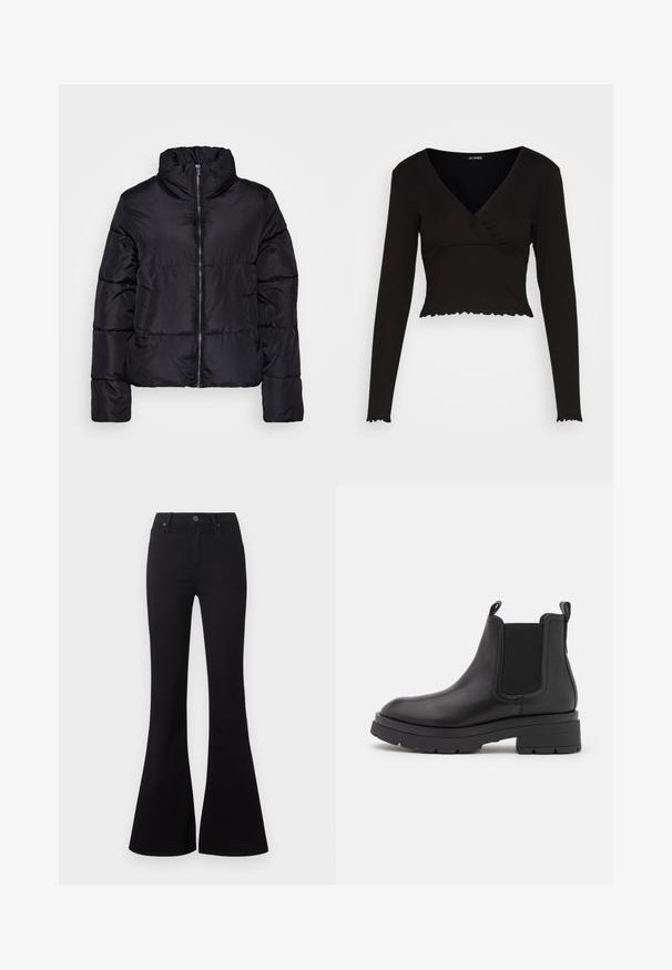 Must musta jope kõrge kraega, esikinnise ja tikandiga disainiga. Omab elastseid mansette ja küljetaskuid. Sile sünteetiline materjal.; Monki Pikkade varrukatega topp - black; Mustad kõrge vöökohaga lehvitavate sääreosadega teksapüksid eest kinnituskinnise ja taskutega, valgel taustal.; Marc O'Polo FILIPPA - Platvormtallaga poolsaapad - black