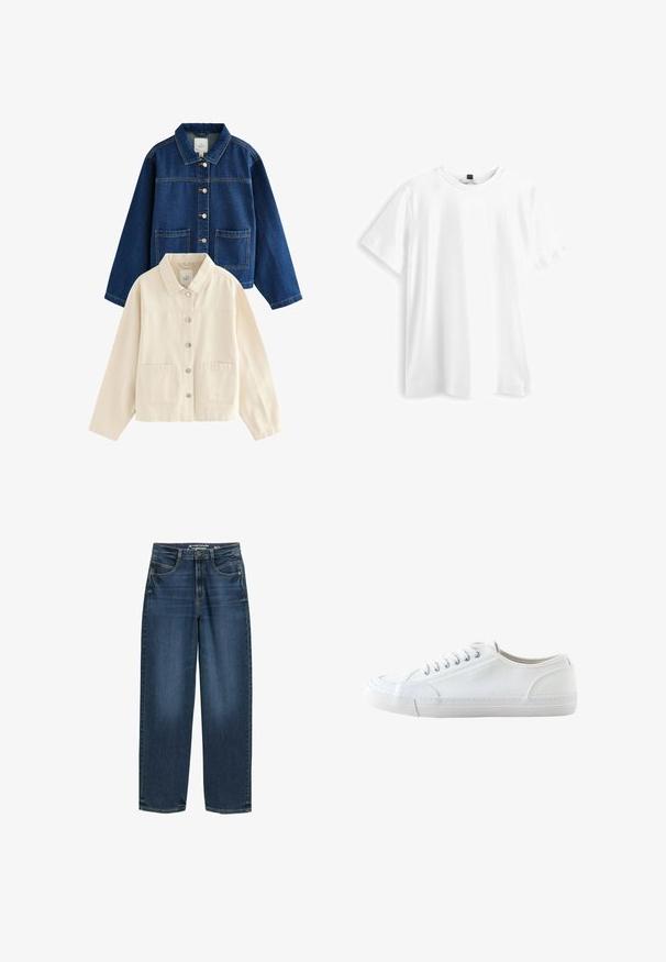 Zwei legere Hemdjacken, eine aus dunkelblauem Denim und eine in Off-White, jeweils mit Kragen und zwei aufgesetzten Vordertaschen.; Weißes Baumwoll-T-Shirt mit kurzen Ärmeln, Rundhalsausschnitt und einem leicht lockeren Schnitt. Schlichtes Design, ohne Muster oder zusätzliche Akzente.; Dunkelblaue weite Jeans mit hoher Taille, Fronttaschen und klassischer Denim-Textur. Abgeschlossen mit dezenten Steppnähten und geraden Beinsäumen.; Weißer niedriger Canvas-Sneaker mit weißen Schnürsenkeln und Gummisohle, von der Seite auf weißem Hintergrund dargestellt.