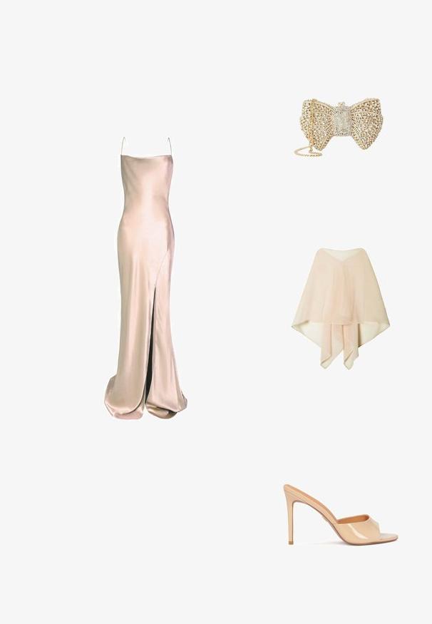 Poncho de chiffon semitransparente en un tono beige claro, con dobladillo asimétrico y detalles de tela en capas, presentado sobre un fondo blanco.; True Decadence Vestido de fiesta - champagne satin; Mule de charol beige de tacón alto con punta abierta, diseño de tira curvada y tacón de aguja, que presenta un sutil detalle en dorado.; Clutch en forma de lazo en tono dorado cubierta de cristales transparentes, con un diseño de celosía intrincado y correa de cadena dorada.