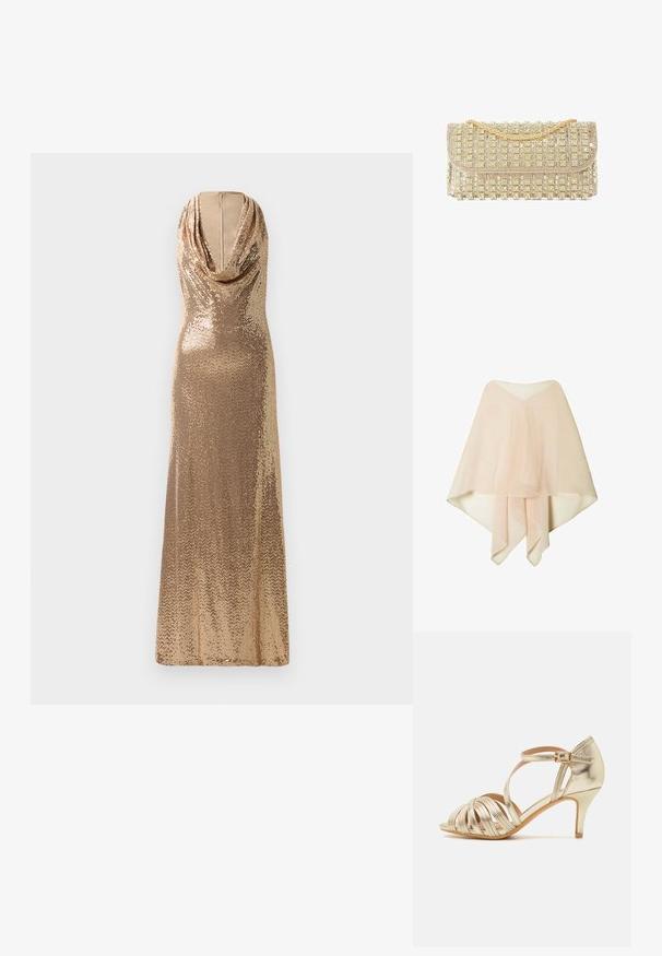 Poncho de chiffon semitransparente en un tono beige claro, con dobladillo asimétrico y detalles de tela en capas, presentado sobre un fondo blanco.; Vestido de noche dorado con lentejuelas, con escote drapeado y silueta ajustada. Diseño de largo hasta el suelo con textura brillante y una abertura lateral.; Sandalía de tacón alto metálica en dorado con tiras cruzadas, punta abierta, correa de tobillo ajustable con hebilla y un diseño de tacón delgado.; Bolso de mano de noche tono dorado con una correa de cadena dorada y filas de adornos brillantes de pedrería.