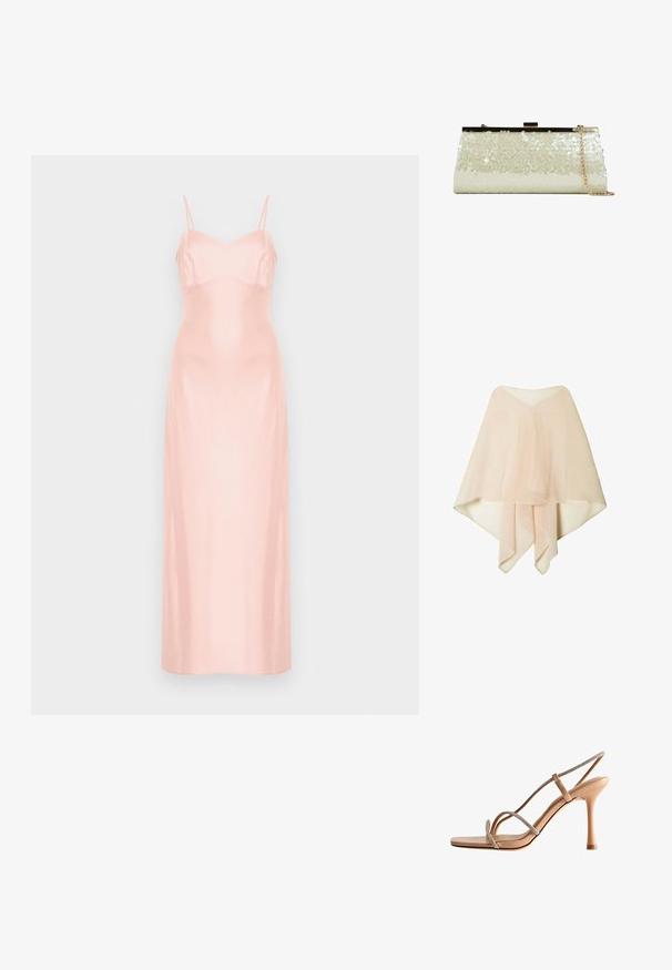 Poncho de chiffon semitransparente en un tono beige claro, con dobladillo asimétrico y detalles de tela en capas, presentado sobre un fondo blanco.; Vestido largo de satén rosa pálido con finos tirantes de espagueti y corpiño ajustado, mostrado sobre un fondo blanco liso.; Sandalias de tacón alto en color nude con tiras delgadas y un acento de strass. Diseño de punta cuadrada y tacón de aguja. Textura suave y brillante.; Bolso de mano con lentejuelas blancas relucientes, estructura metálica en tono dorado y una correa de cadena colgada a un lado, sobre un fondo blanco.