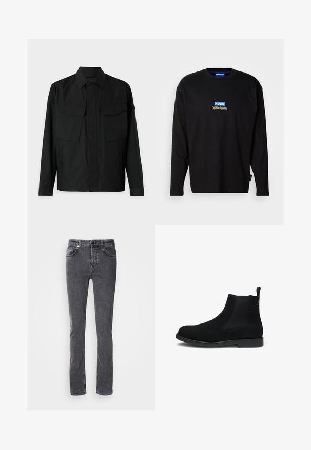 Veste noire avec un col, deux poches poitrine, des fentes latérales et des manches longues. Fabriquée dans un tissu lisse et mat.; T-shirt noir à manches longues avec un logo "HUGO" bleu et du texte doré sur le devant, fabriqué en tissu en coton doux avec une coupe classique.; Jean en denim gris foncé, coupe droite, cinq poches, coutures contrastantes, braguette zippée et fermeture par bouton. Aucun motif ou ornement visible.; Bottine Chelsea en daim noir avec empiècements latéraux élastiques, languette à l'arrière et semelle basse texturée.