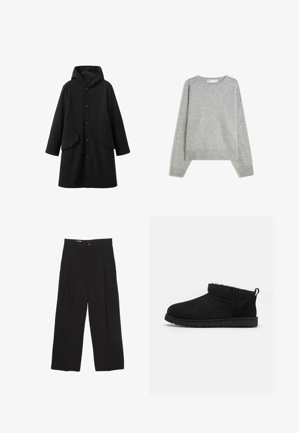 Sort frakke med hætte, lavet af struktureret stof. Har knaplukning foran og to skrå lommer. Løs pasform med længde til knæet.; Grå strikket sweater med rund halsudskæring, ribbede manchetter og kant, med en afslappet pasform og blød tekstur.; Sorte bukser med bred benvidde lavet af glat stof, med flad talje, frontfolder og en enkelt knaplukning.; Sorte ruskind ankelstøvler med en blød, tekstureret foring, lavprofilgummi sål og en løkke bagpå for nem påtagning.