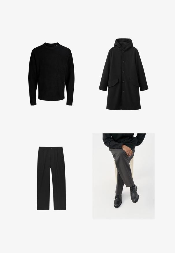 Sort frakke med hætte, lavet af struktureret stof. Har knaplukning foran og to skrå lommer. Løs pasform med længde til knæet.; Sort sweater, rund halsudskæring, lange ærmer, ribbede manchetter og kant, blød tekstur, ensfarvet, minimalistisk design.; Sorte bukser med lige ben, lavet af et glat stof. Har frontfolder og en enkelt knaplukning i taljen.; Sorte læder snørebåndssko med en poleret finish, parret med grå skræddersyede bukser, vist i en siddende position mod en hvid baggrund.