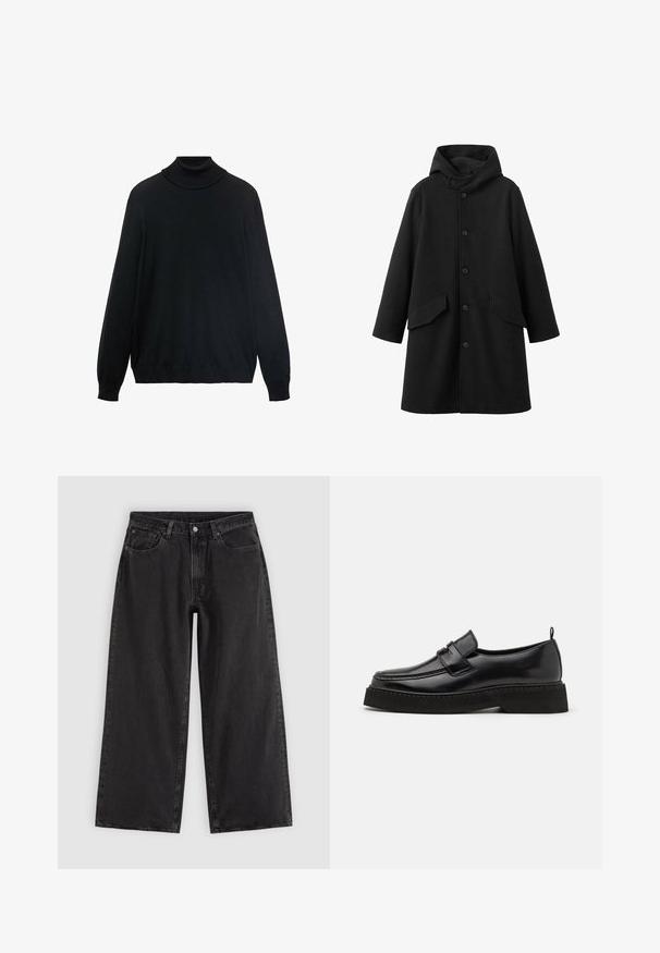 Sort frakke med hætte, lavet af struktureret stof. Har knaplukning foran og to skrå lommer. Løs pasform med længde til knæet.; Sort turtleneck sweater med en tætsiddende krave, lange ærmer og ribbede manchetter og kant. Lavet af blødt, strækbart stof med en glat tekstur.; Sorte denim jeans med vide ben, forlommer, bæltestropper og knaplukning, vist på en ensfarvet lys baggrund.; Sorte læder loafersko i stil med flad, tekstureret sål, med en syet tå og en rem over vristen.