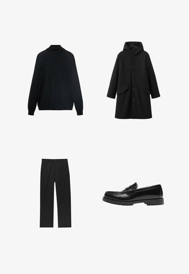 Sort frakke med hætte, lavet af struktureret stof. Har knaplukning foran og to skrå lommer. Løs pasform med længde til knæet.; Sort turtleneck sweater med en tætsiddende krave, lange ærmer og ribbede manchetter og kant. Lavet af blødt, strækbart stof med en glat tekstur.; Sorte bukser med lige ben, lavet af et glat stof. Har frontfolder og en enkelt knaplukning i taljen.; Sort læderloafer med en kraftig gummisål og klassiske penny-strap detaljer, vist fra ydersiden.
