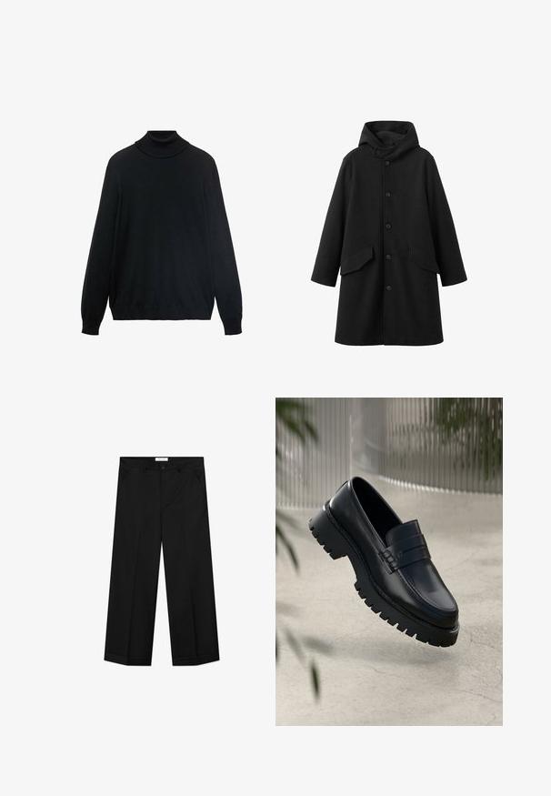 Abrigo negro con capucha, hecho de tela texturizada. Cuenta con cierre de botones al frente y dos bolsillos inclinados. Corte amplio que llega hasta la rodilla.; Suéter negro de cuello alto con un collar ajustado, mangas largas y puños y dobladillo de canalé. Fabricado con una tela suave y elástica de textura lisa.; Pantalones negros de pierna ancha hechos de un material liso, con bolsillos delanteros, cierre de botón y una plancha a lo largo de cada pierna.; Mocasines de cuero negro con suela gruesa, que presentan una correa decorativa y detalles de costura. Textura suave con un acabado pulido.