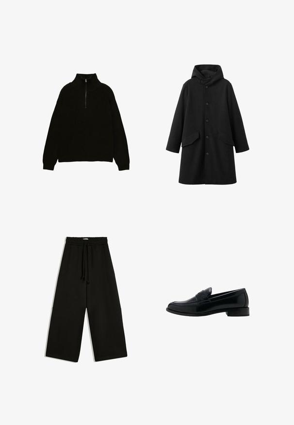 Manteau noir avec capuche, en tissu texturé. Doté d'une fermeture boutonnée à l'avant et de deux poches obliques. Coupe ample longueur genou.; Pull noir en maille avec col montant et fermeture zip quart. Présente une texture côtelée et des épaules tombantes pour un ajustement décontracté.; Pantalon noir à jambes larges avec taille élastique et cordon de serrage, coupe ample et poches latérales.; Mocassin en cuir noir avec un talon bas, un bout rond et un détail classique de bride à penny sur le dessus.
