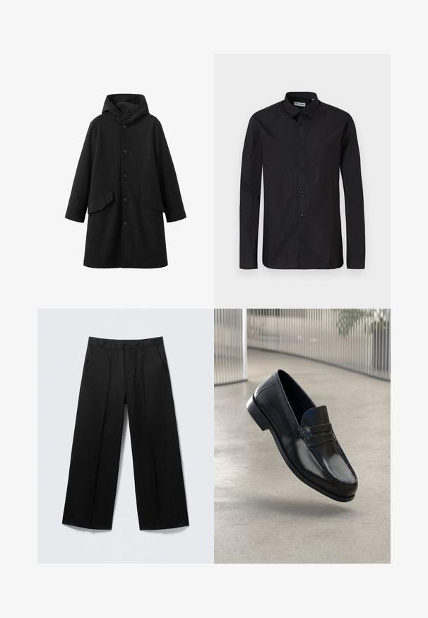 Manteau noir avec capuche, en tissu texturé. Doté d'une fermeture boutonnée à l'avant et de deux poches obliques. Coupe ample longueur genou.; Chemise noire à manches longues avec un col classique, fabriquée en tissu lisse, dotée de boutons à l'avant et d'une coupe classique.; Pantalon large noir avec passants pour ceinture, poches avant et fermeture éclair, présenté sur un fond gris clair.; Mocassins en cuir noir à finition lisse, bout arrondi, coutures décoratives et semelle extérieure légèrement surélevée.