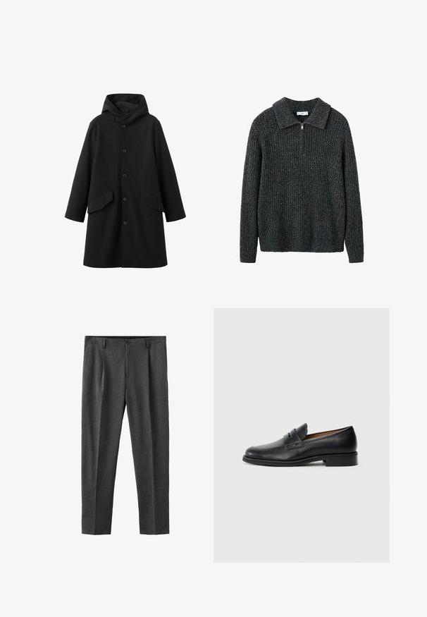 Manteau noir avec capuche, en tissu texturé. Doté d'une fermeture boutonnée à l'avant et de deux poches obliques. Coupe ample longueur genou.; Pull gris foncé en maille avec une texture côtelée, doté d'un col avec une fermeture à glissière mi-longue pour un enfilage facile.; Pantalon gris sur mesure à coupe droite, présentant des plis plats à l'avant, une fermeture à bouton unique et un tissu lisse et texturé.; Mocassins en cuir noir avec un bout arrondi, présentant un détail de sangle à l'avant et un petit talon solide. Texture lisse et design épuré.