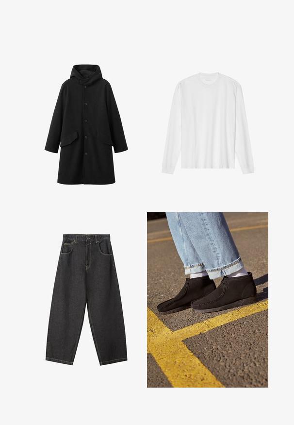 Zwarte jas met capuchon, gemaakt van gestructureerde stof. Heeft een knoopsluiting aan de voorkant en twee schuine zakken. Losvallend met een knielengte.; Wit, lang katoen T-shirt met lange mouwen en ronde hals, met geribde manchetten en een rechte zoom, een gladde textuur en een minimalistisch ontwerp.; Zwarte denim wijde pijpen broek met gele stiksels, vijf zakken ontwerp en een medium tailleband. Textuurstof met een gladde afwerking.; Zwarte suède enkellaarsjes met een gladde textuur, een gebogen neus en gestikte details. Combinatie met lichtblauwe opgerolde jeans en witte sokken.