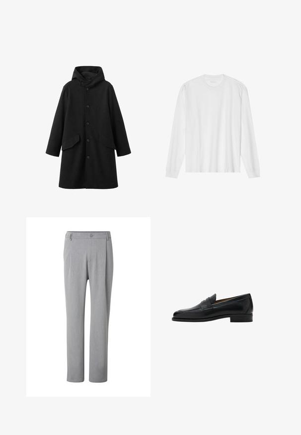 Manteau noir avec capuche, en tissu texturé. Doté d'une fermeture boutonnée à l'avant et de deux poches obliques. Coupe ample longueur genou.; T-shirt blanc en coton à manches longues avec col rond, doté de poignets côtelés et d'un ourlet droit, texture lisse et design minimaliste.; Pantalon gris clair à jambes droites avec un bouton et des passants de ceinture, présenté de face sur fond blanc.; Mocassin penny en cuir noir avec talon bas, bout arrondi et une bride sur la partie supérieure de la chaussure.