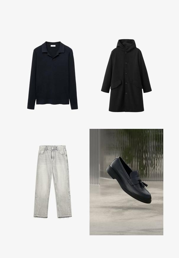 Sort frakke med hætte, lavet af struktureret stof. Har knaplukning foran og to skrå lommer. Løs pasform med længde til knæet.; Mørkeblå ribstrikket sweater med polo krave, lange ærmer, blød tekstur og en kant, der let buer opad. Let og afslappet design.; Lysegrå vaskede jeans med lige ben, fem lommer, knaplukning, bæltestropper og rå, frynsete kanter.; Sorte læderloafers med en glat tekstur, en rundet tå og dekorative kvaster foran. Fleksibel gummisål med lav hæl.