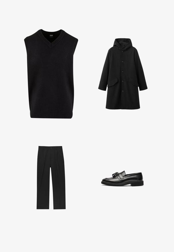 Sort frakke med hætte, lavet af struktureret stof. Har knaplukning foran og to skrå lommer. Løs pasform med længde til knæet.; Sort ærmeløs sweater med V-hals, lavet af blødt materiale, med ribbet halsudskæring og kant. Enkel, klassisk design.; Sorte bukser med lige ben, lavet af et glat stof. Har frontfolder og en enkelt knaplukning i taljen.; Sorte læder loafers med en glat overflade, en rund tå og en dekorativ kvast på remmen. Flad sål og subtil broderidetalje.