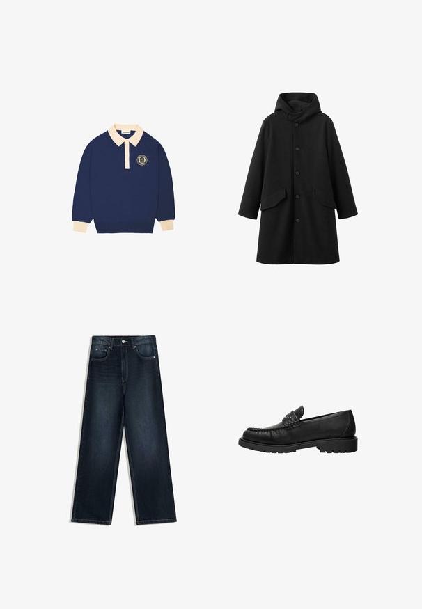 Sort frakke med hætte, lavet af struktureret stof. Har knaplukning foran og to skrå lommer. Løs pasform med længde til knæet.; Langærmet navy blå polo shirt med beige krave og manchetter, udstyret med et rundt emblem med tekst på venstre bryst.; Vidbenede mørkeblå denimjeans med en glat tekstur, der har frontlukning med knapper, fem lommer og kontrasterende syninger.; Sort læderloafer med syninger på toppen, nitter på remmen og tyk gummisål, vist i profil på hvid baggrund.